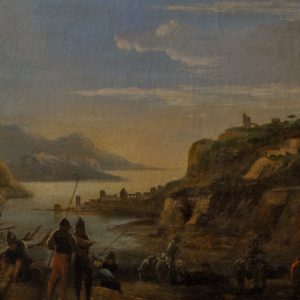 17th Century Italian School Oil on Canvas - Travellers Resting by a Rocky Cove, Salvator Rosa