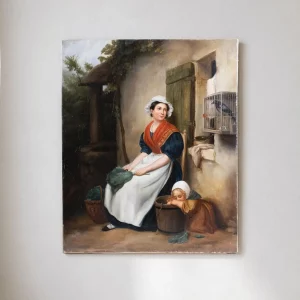 19th-Century European Oil on canvas painting, Mother, Child with Magpie - French school Alsace Region