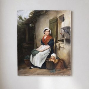 19th-Century European Oil on canvas painting, Mother, Child with Magpie - French school Alsace Region
