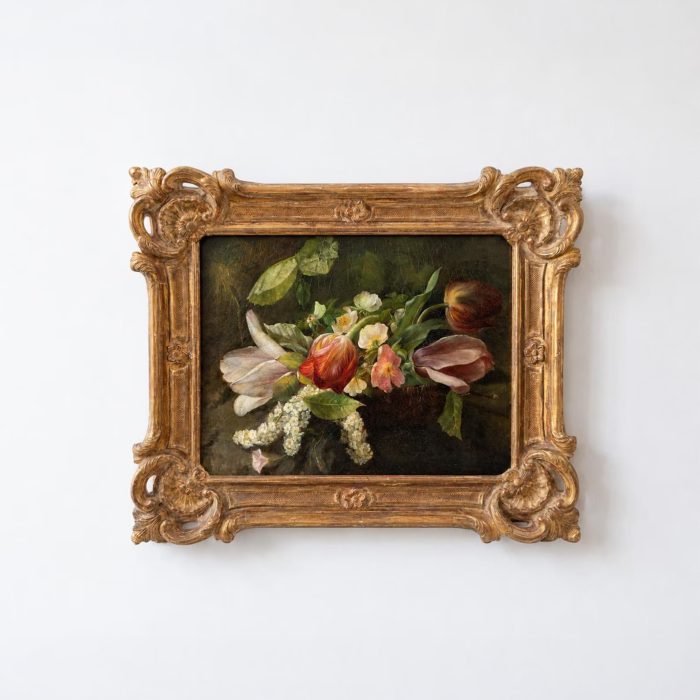 Original Mid-19th Century Oil on Canvas | French School c.1860 Floral Still Life Oil Painting | Gilt Frame | Tulips, Blossom