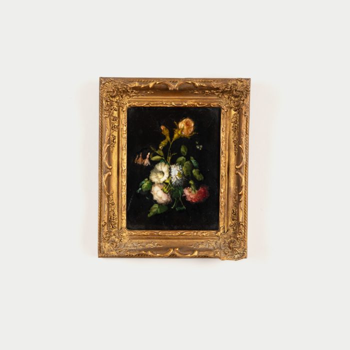 Original Antique 19th century Floral Still Life – Oil Painting on Slate in Ornate Gilt Frame