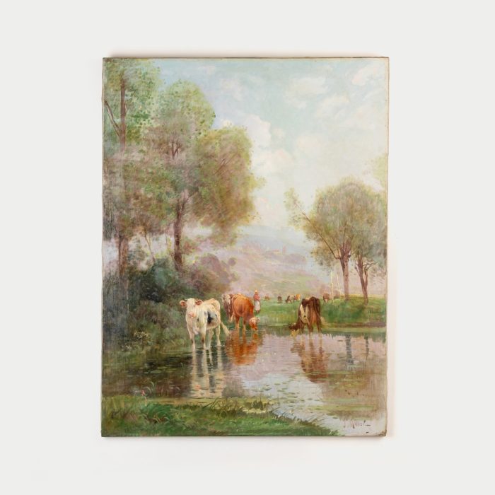 Joseph Million (French 1871–1931) – Peasant Woman and Cows by a Pond, Large Oil on Canvas