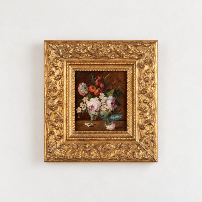 Original Early 19th Century Floral Oil Painting on Oak Panel, Small Antique Flower Still Life, Italian Gilt Wood Frame