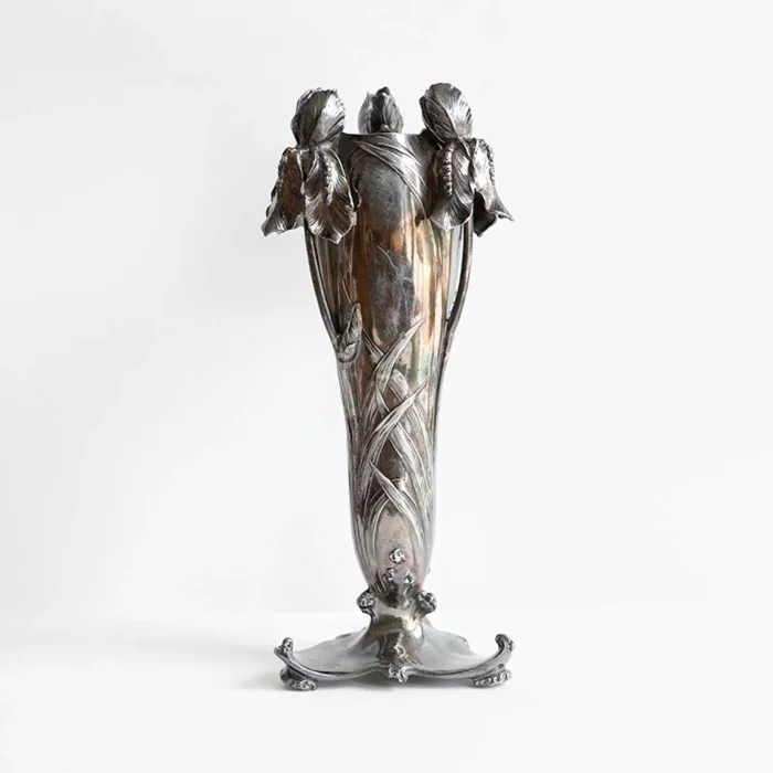 Antique Art Nouveau Silver-Plated Iris Vase | c. 1900–1915 | Floral Relief Decorative Vase | Tall Antique Metal Vase