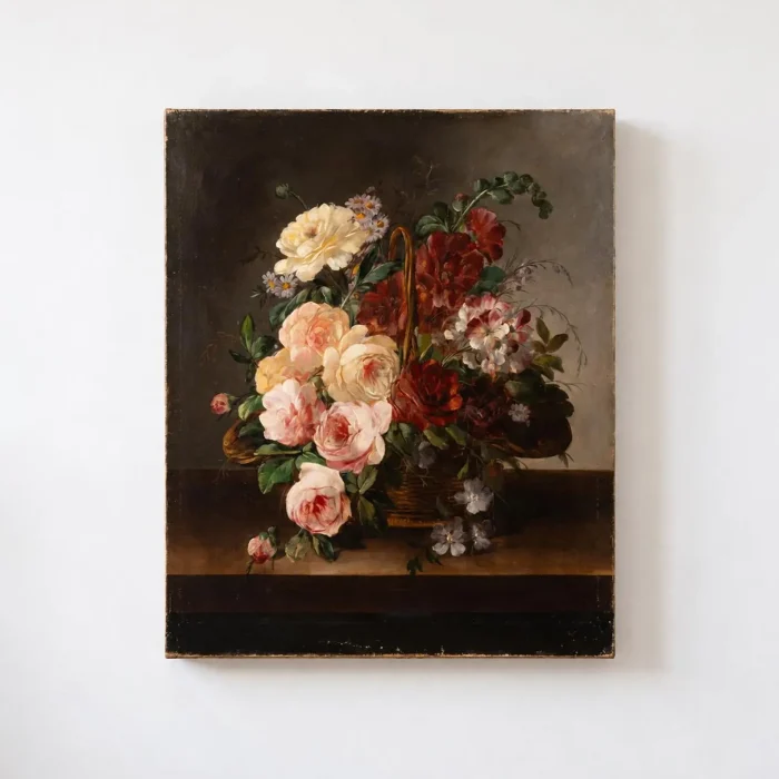 Original 19th Century French Oil Painting- Signed - Floral Bouquet in Basket Still Life - Antique Oil on Canvas