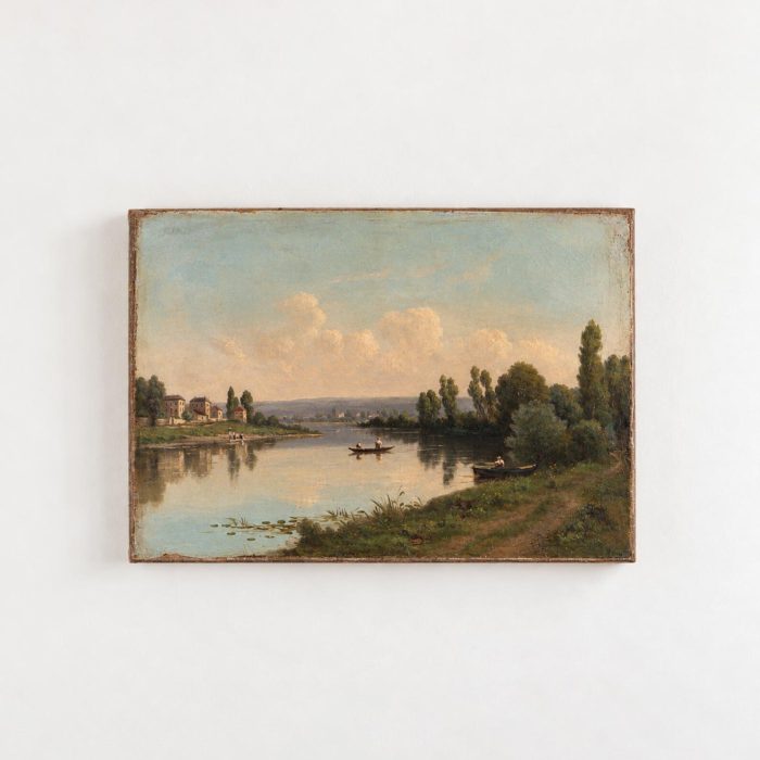 Original 19th Century French Landscape Oil Painting, Antique Lake Scene with Boats and Figures, Oil on Canvas, Unframed