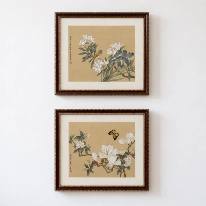 Pair of Chinese paintings on silk with flowering branches, bird and butterfly