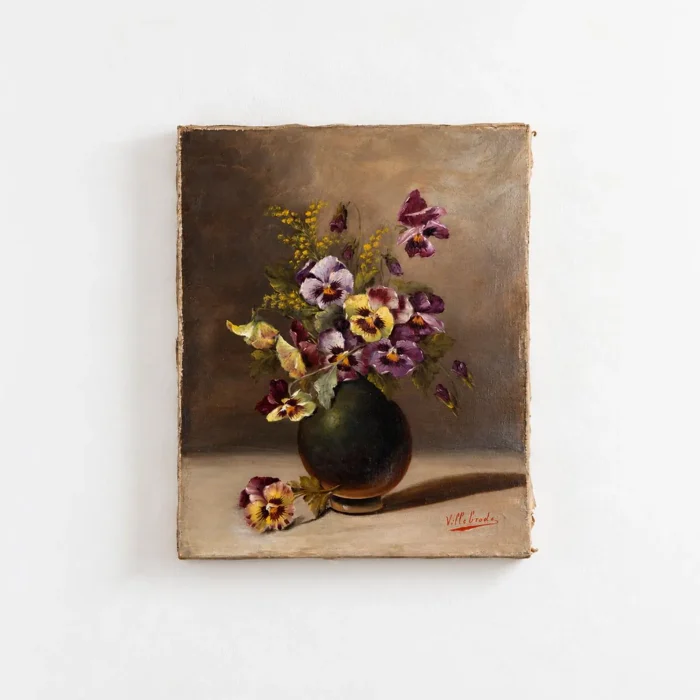 Antique French oil painting by Villebrode depicting purple pansies and yellow mimosa in a dark vase